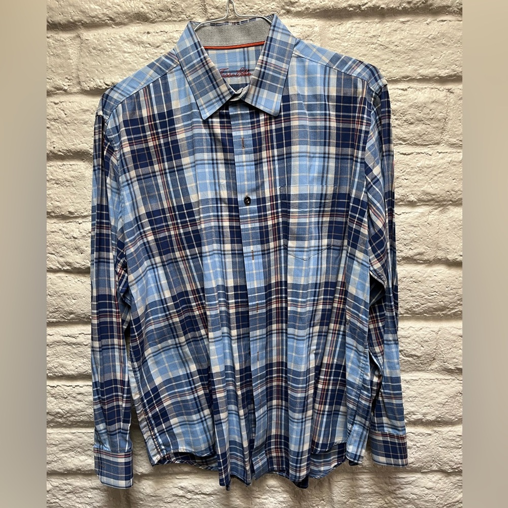 Men’s L Tasso Elba Long Sleeve Blue Plaid Shirt